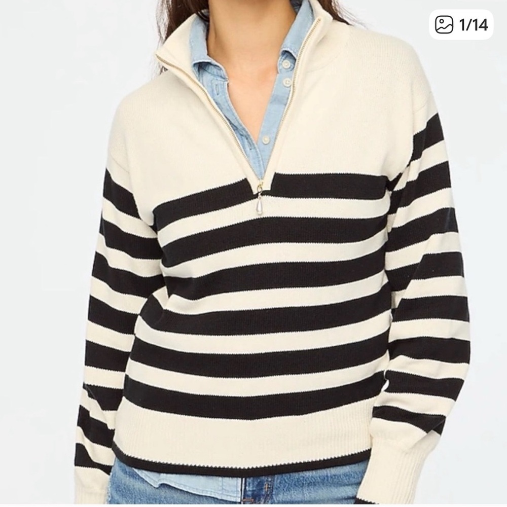 J.Crew Factory Striped Black and White Women's Sweater with Pearl Zipper - Picture 2 of 9